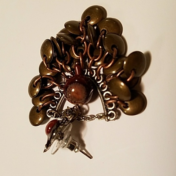 Cluster Drop Pierced Earrings Bronze Burgundy Beads - Picture 4 of 5